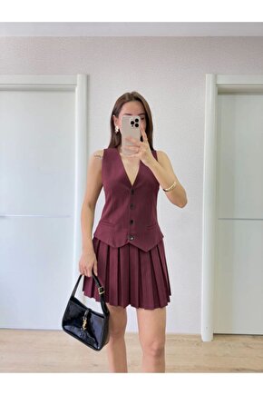 Moda Shop & Butik Takım Görünümlu Yelekli Mini Elbise- Bordo
