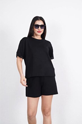 Moda Shop & Butik Osy Modal Yumuşak Dokulu Kumaş Bisiklet Yaka T-shirt Kısa Şort Ikili Takım - Siyah