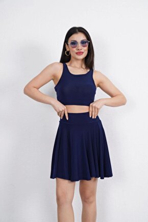Moda Shop & Butik Sendy Kumaş Bisiklet Yaka Crop Şortlu Etek Ikili Takım - Lacivert