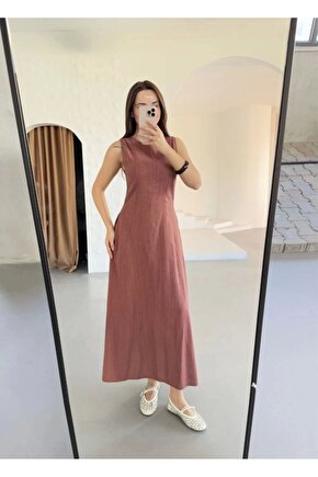 Keten Uzun Kolsuz Elbise- Gül Kurusu