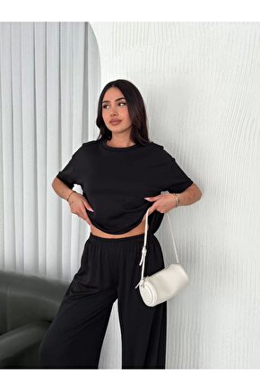 Osy Modal Yumuşak Dokulu Kumaş Bisiklet Yaka T-shirt Bol Paça Pantalon Ikili Takım -siyah