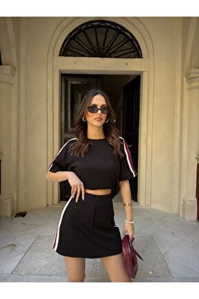 Osy Modal Yumuşak Dokulu Kumaş Parçalı Bisiklet Yaka T-shirt Mini Şortlu Etek İkili Takım - Siyah