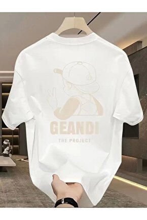 Geniş Kesim Pamuklu Tişört - gandhı The Project Baskılı, Beyaz, Rahat Kesim, Kısa Kollu, Günlük Kı