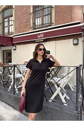 Osy Modal Yumuşak Dokulu Kumaş Yakalı Kısa Kollu Elbise - Siyah