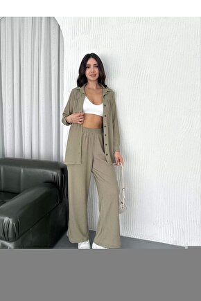 eyesof Yakalı Düğmeli Uzun Kollu Gömlek Pantolon Ikili Takım - Bej