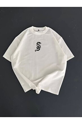 Baskılı Oversize Bisiklet Yaka T-shirt - Beyaz