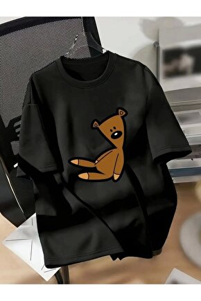 201 Penye Compack Ayı Baskılı Oversize Bisiklet Yaka Kısa Kol T-shirt - Siyah