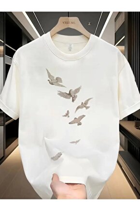 201 Penye Compack Özgür kuşlar Baskılı Oversize Bisiklet Yaka T-shirt - Beyaz