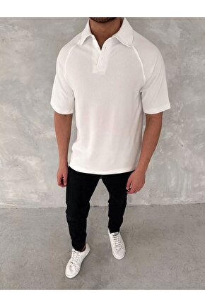 Yakalı Patlı Kısa Kol T-shirt - Beyaz