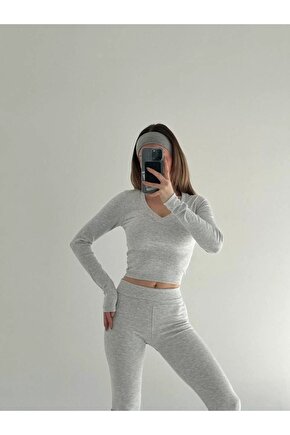 V yaka uzun kollu bluz İspanyol paçalı tayt İkili Takım - Gri