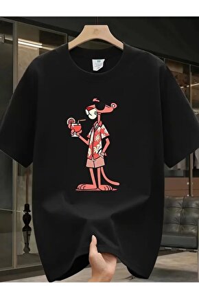 Pembe Panter Baskılı Erkek Oversize Günlük Kısa Kollu Tişört İlkbahar ve Yaz için Mükemmeldir - Siya