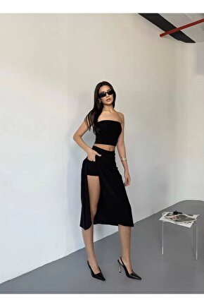 Cepli Şortlu Yırtmaçlı Etek - Siyah
