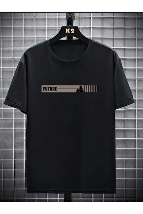 201 Penye Compack FUTRE Baskılı Oversize Kısa Kol Bisiklet Yaka T-shirt - Siyah