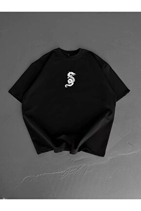 Baskılı Oversize Bisiklet Yaka T-shirt - Siyah