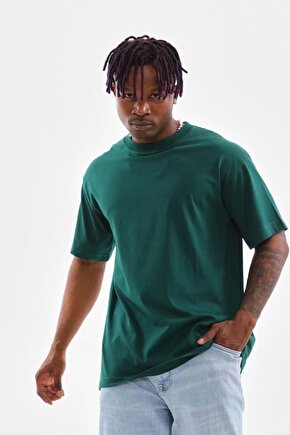 Unisex Oversize Düz Bisiklet Yaka T-shirt - Koyu Yeşili