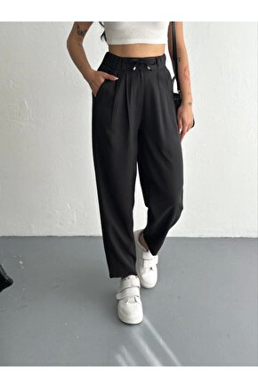 Yüksel Bel Rahat Paça Pantalon - Siyah