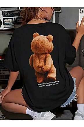 Büyük Boy Ayıcık Baskılı Bisiklet Yaka T-Shirt, İlkbahar & Yaz İçin Rahat Kısa Kollu T-Shirt, Kadın