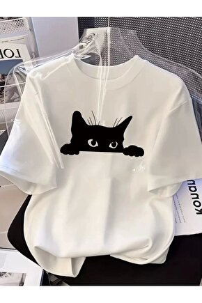 Kadınlar için Şık Siyah Kedi Grafik Tişört - Oversize Kısa Kollu Üst, Nefes Alabilir Polyester Karış