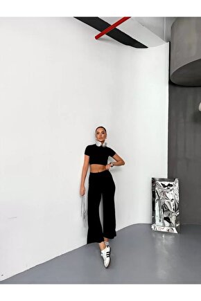 Osy Modal Yumuşak Dokulu Kumaş Kısa Kollu Crop Alt ispanyol Paça Pantalon ikili Takım