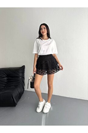 Dantel Beli Lastikli Şortlu Mini Etek - Siyah