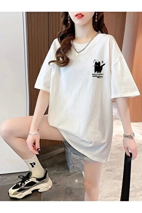 201 Penye Compack Tatlı Kedi Baskılı Oversize Bisiklet Yaka T-shirt - Beyaz