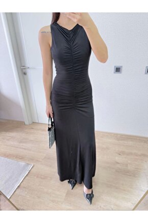 Moda Shop & Butik Kolsuz Büzgülü Uzun Elbise - Siyah