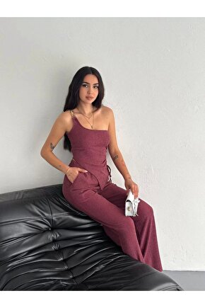 Asimetrik Crop Pantalon Ikili Takım - Gül Kurusu