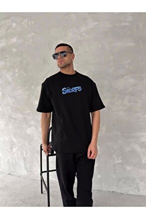 Ön ve Arka Baskılı Oversize Bisiklet Yaka T-shirt- Siyah