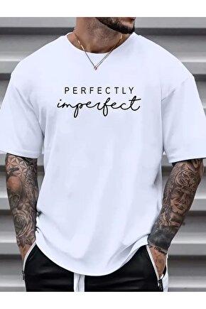 erkekler için Ön Arka Baskılı PERFECTLY günlük Kısa Kol tişört - Beyaz