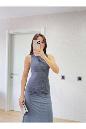 Kolsuz Büzgülü Uzun Elbise - Füme