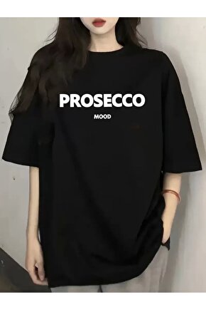 201 Penye Compack Baskılı Oversize Kısa Kol Bisiklet Yaka T-shirt - Siyah