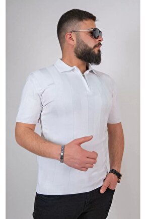 Triko Dokuma Yarım Fermuarlı Yakalı T-shirt - Beyaz