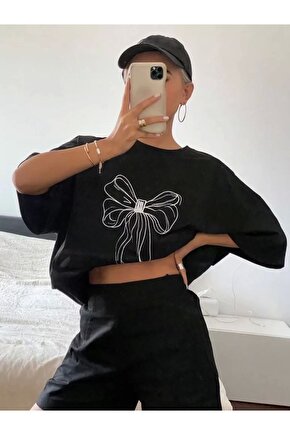 Kadın Baskılı Oversize T-shirt - Siyah