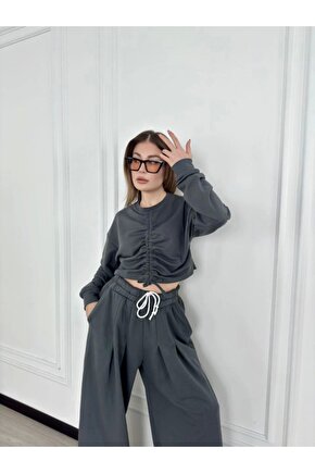 Moda Shop & Butik Uzun Kollu Önü Ip Büzgülü Crop Ve Pantolon Ikili Takım - Antrasit