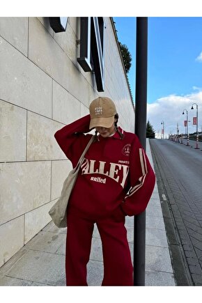Üç Iplik Yakalı Sweat Baggy Pantalonlu Takım - Bordo