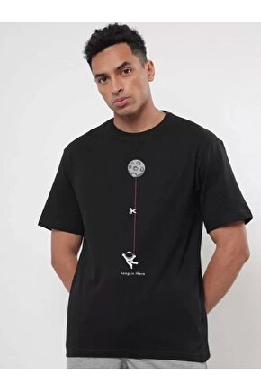 Erkek Baskılı Oversize T-shirt - Siyah