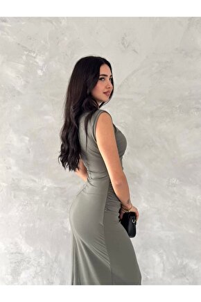 Kolsuz Yırtmaçlı Uzun maxı boy Elbise - Yeşil