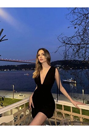 Moda Shop & Butik Omuzu Ip Askılı Şortlu Elbise - Siyah