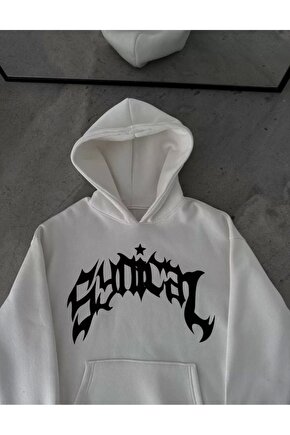 Üç İplik Kapüşonlu Baskılı Oversize SweatShirt- Beyaz