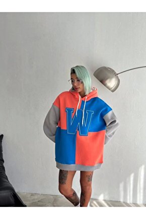 Kadın W Nakış İşlemeli Kapüşonlu Sweatshirt - Mavi