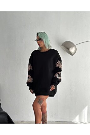 Kadın Bisiklet Yaka Baskılı SweatShirt - Siyah