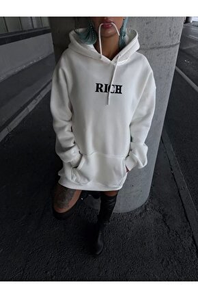 Uzun Kol Kapüşonlu Göğüs Baskılı Sweatshirt - Beyaz