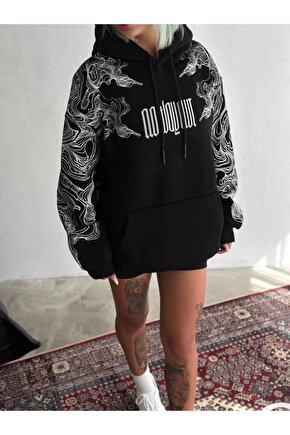 Kışlık Üç İplik Baskılı Kapşonlu SweatShirt - Siyah