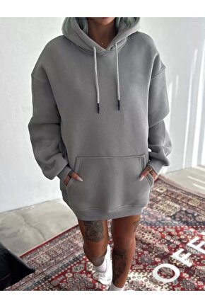 Kapüşonlu Üç İplik Penye Basic SweatShirt - Boyalı Gri