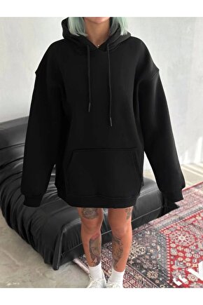 Kapüşonlu Üç İplik Penye Basic SweatShirt - Siyah