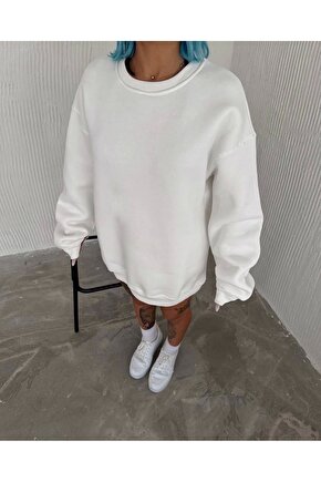 İPEKSİ Kışlık Bisiklet Yaka Üç İplik Basic SweatShirt - Beyaz
