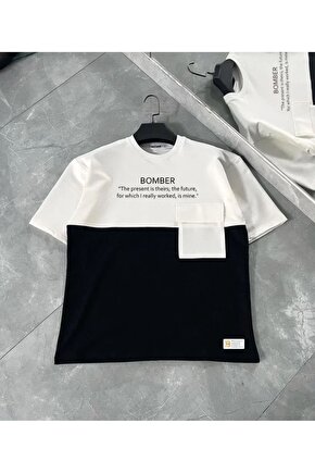 İPEKSİ Unisex Torba Cep Detaylı Parçalı T-Shirt - Siyah