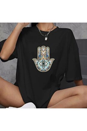 Unisex Bisiklet Yaka Baskılı Oversize T-Shirt - Siyah