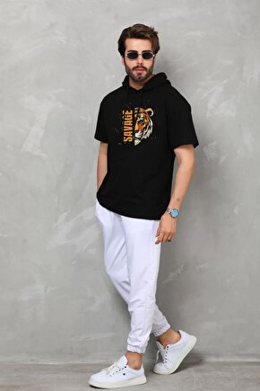 Unisex Bisiklet Yaka Baskılı Double Oversize T-Shirt - Siyah