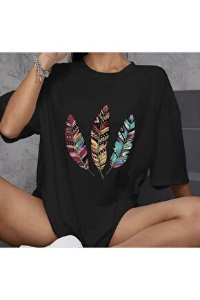 Unisex Bisiklet Yaka Baskılı Oversize T-Shirt - Siyah